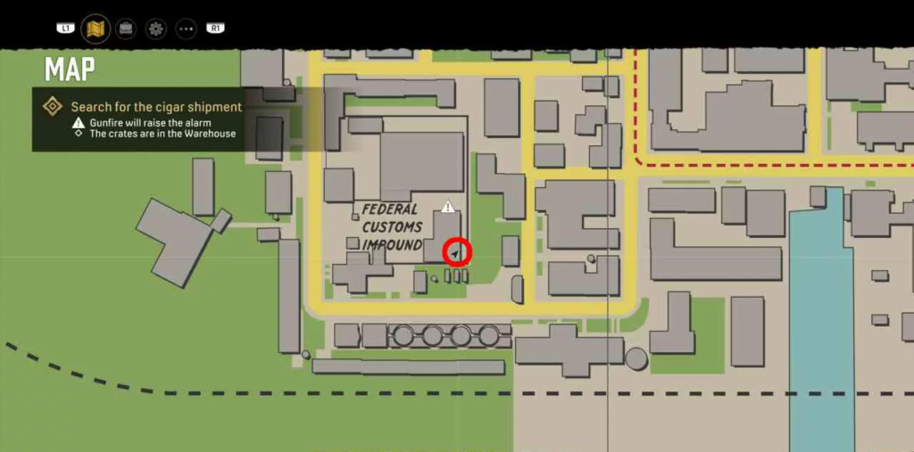 Карта игры показывает Federal Customs Impound с маркером