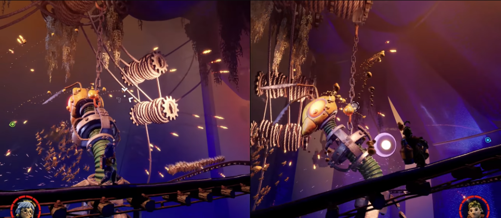 Персонажи It Takes Two сражаются с роботом в цехе