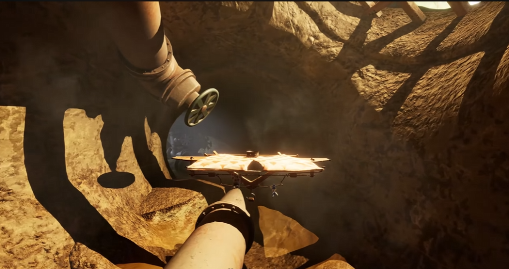 Платформа опускается в каменной шахте рядом с трубами