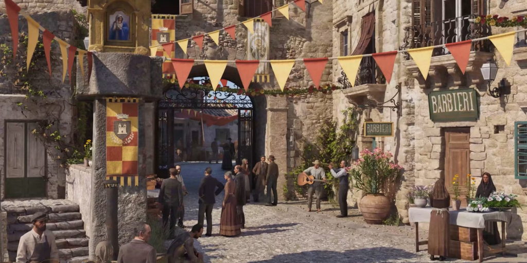 Жители стоят на улице у каменных зданий