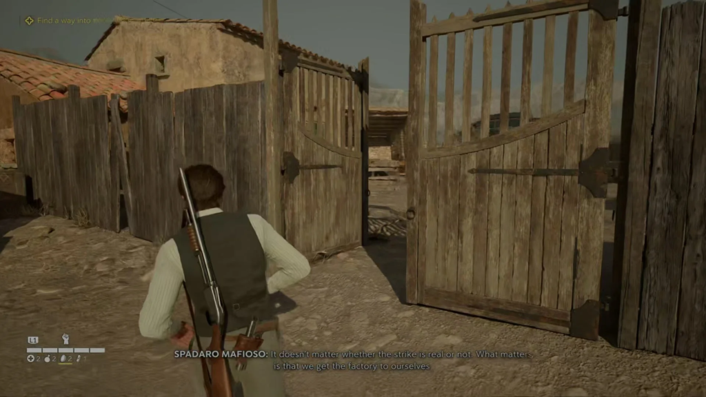 Томми Анджело из Mafia бежит к деревянным воротам