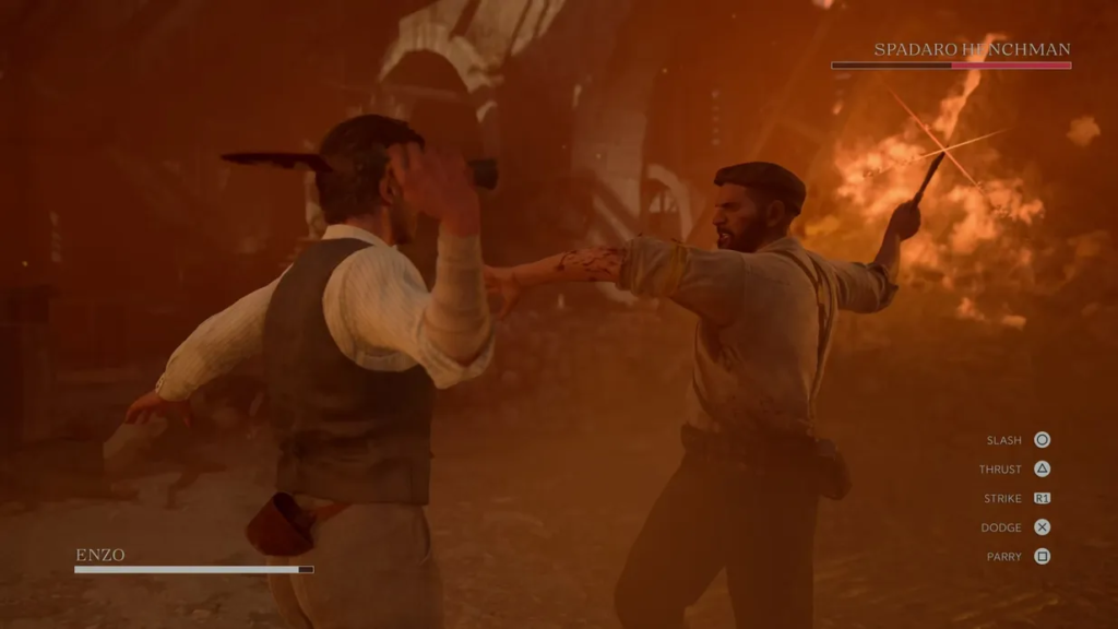 Энцо сражается со Spadaro Henchman на горящей улице