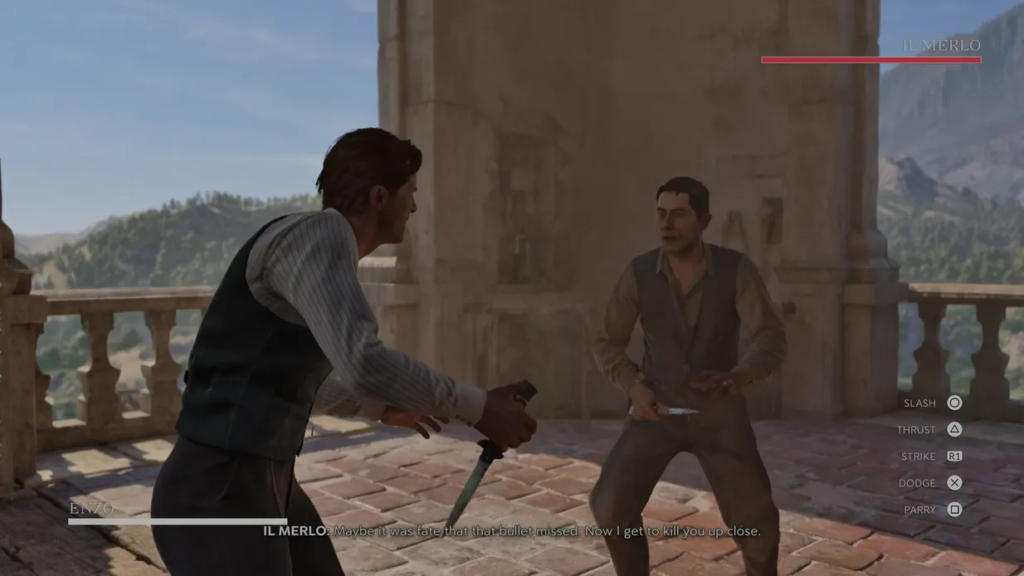 Энцо дерётся с Il Merlo на террасе