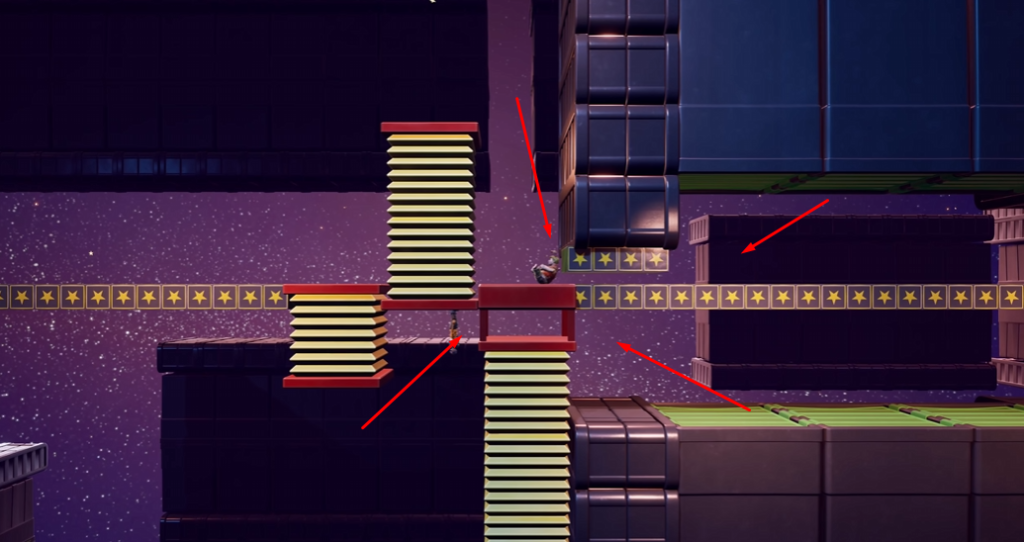 Персонаж прыгает по платформам в космическом уровне