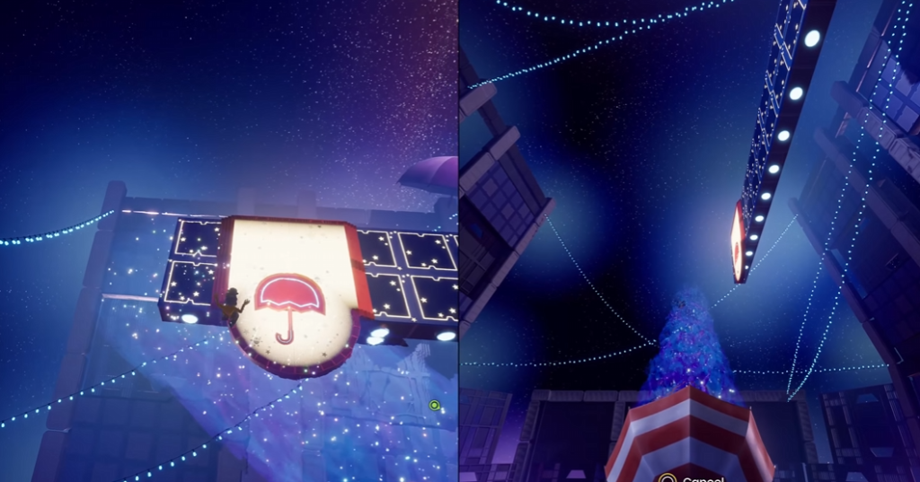 Неоновая вывеска с зонтом светится ночью на улице