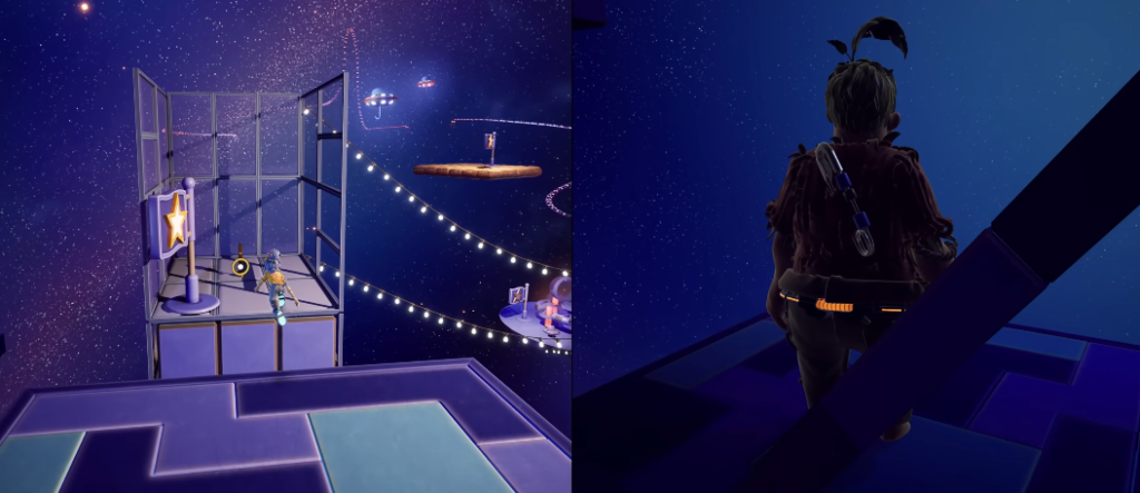 Персонаж стоит на платформе в космическом уровне