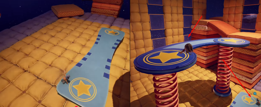 Куклы бегут по пружинной платформе в комнате подушек