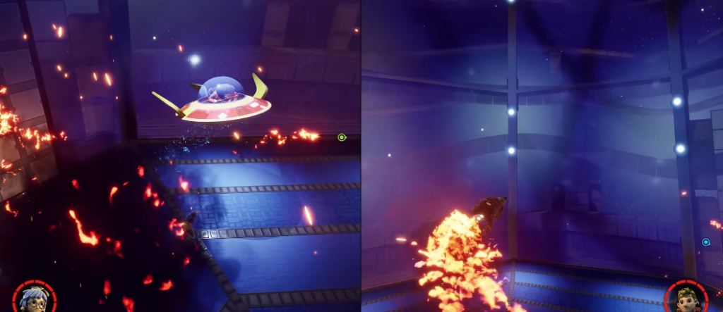 Летающая тарелка летит над ареной с огнём