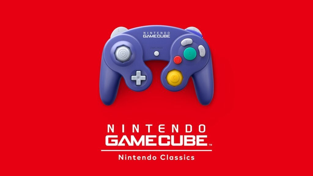 Синий геймпад Nintendo GameCube на красном фоне
