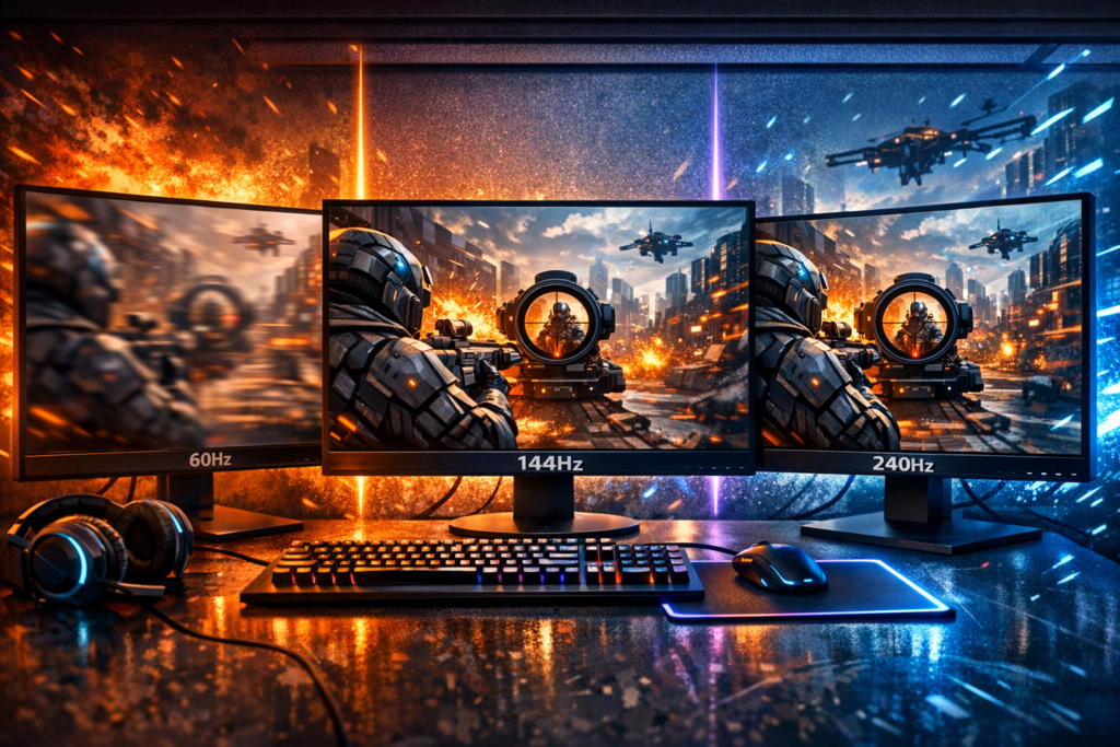 Три игровых монитора показывают шутер на столе