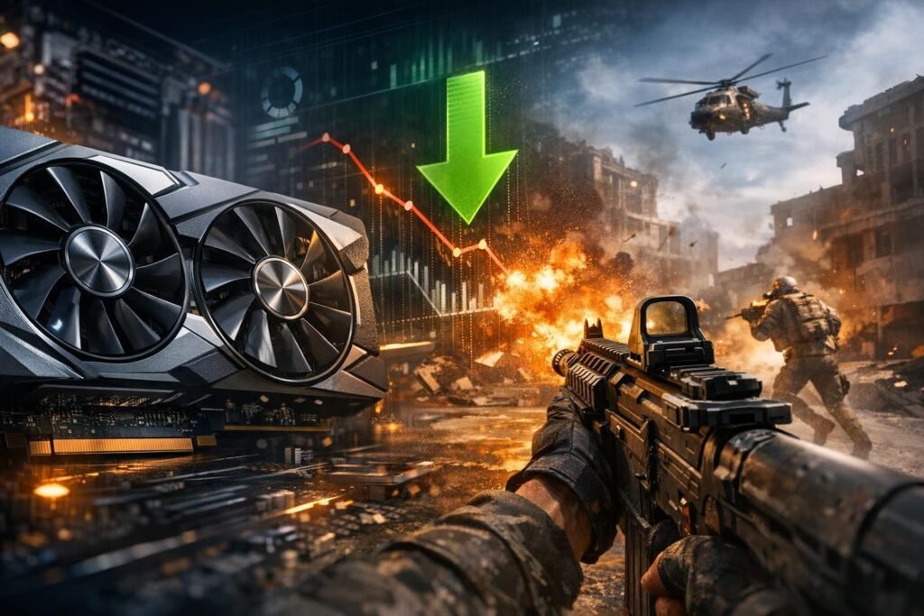 Видеокарта и зелёная стрелка вниз на поле боя