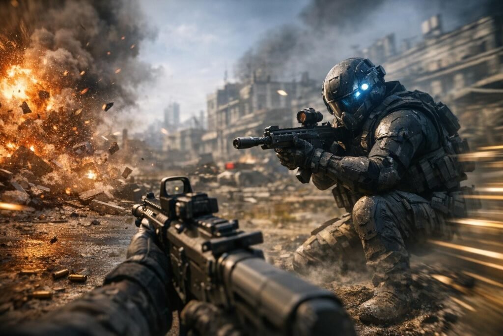 Солдат в броне целится на разрушенной улице, взрыв слева