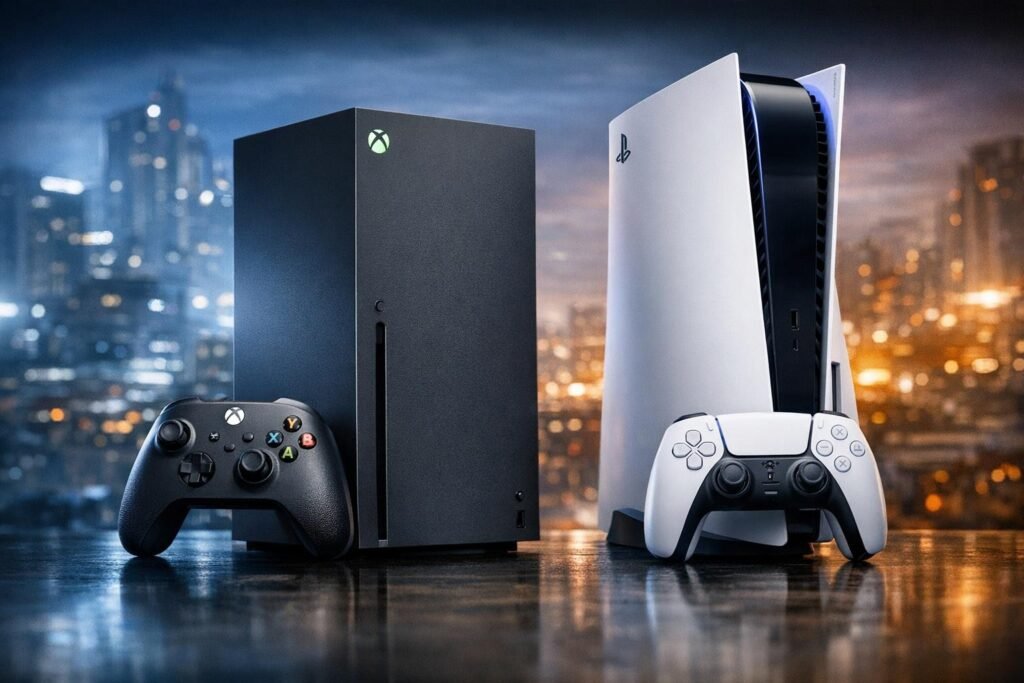 Xbox Series X и PlayStation 5 стоят на столе