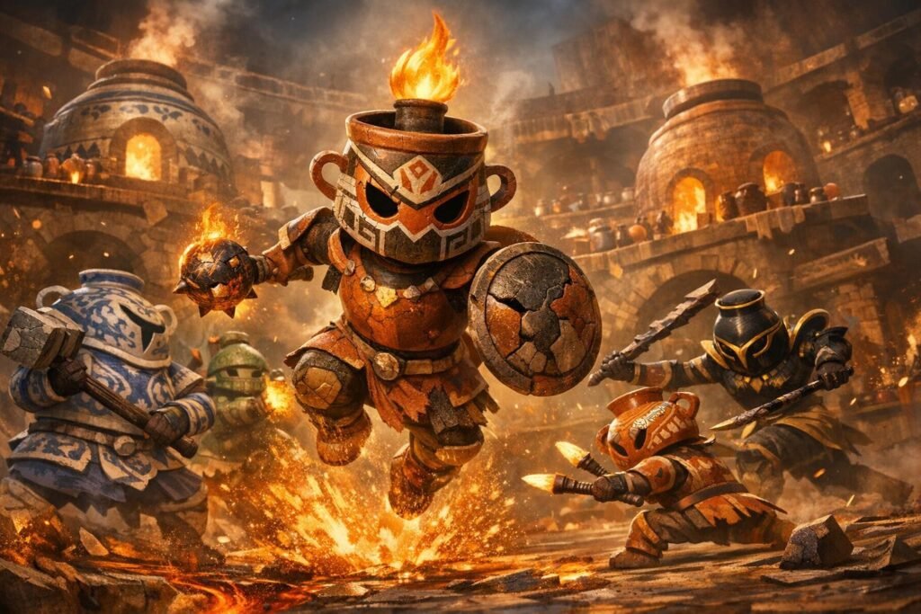 Глиняные воины сражаются на арене среди огня