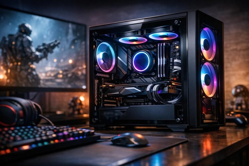 Игровой ПК с RGB-подсветкой на столе