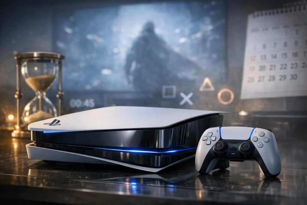 Консоль PlayStation 5 и геймпад на столе