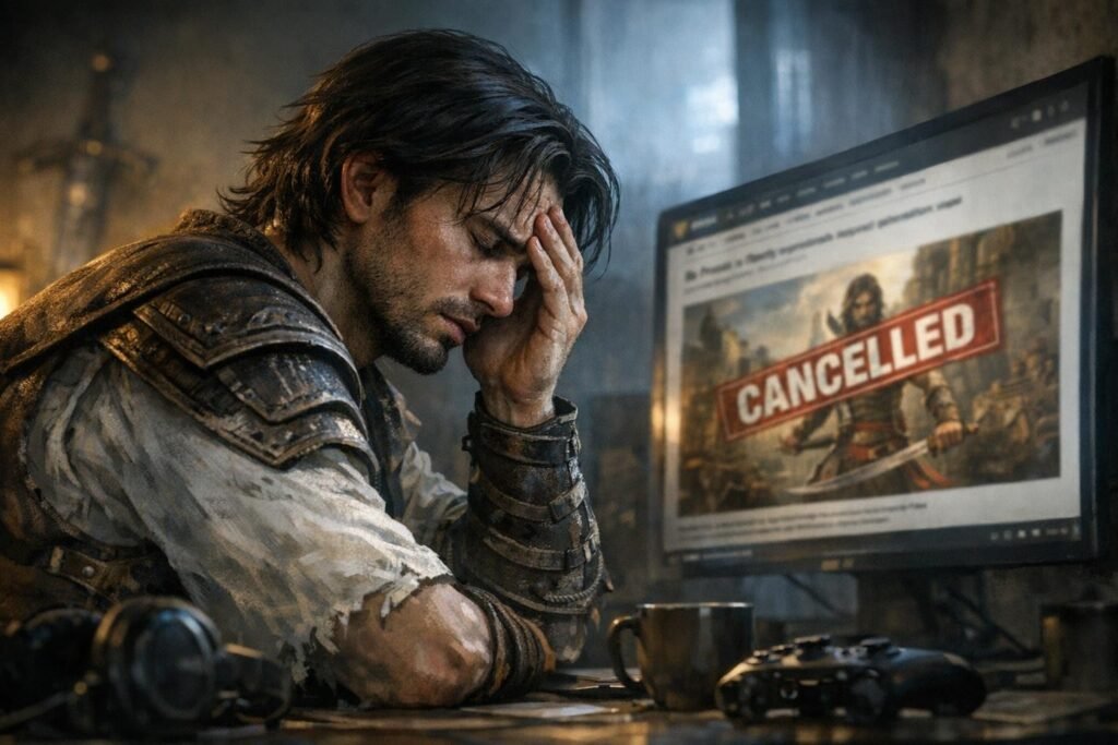 Мужчина в доспехах держится за голову у монитора