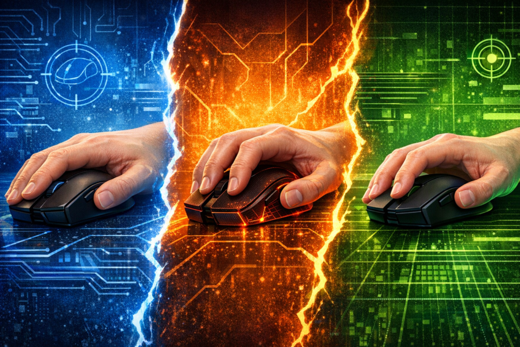 Руки держат компьютерные мыши на цифровом фоне