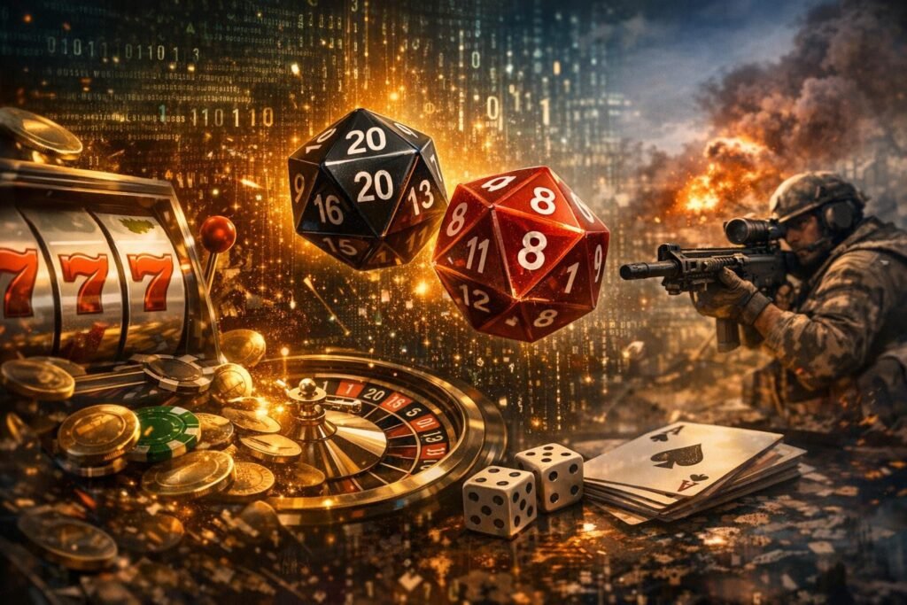 Солдат целится, игральные кости и казино на фоне взрыва