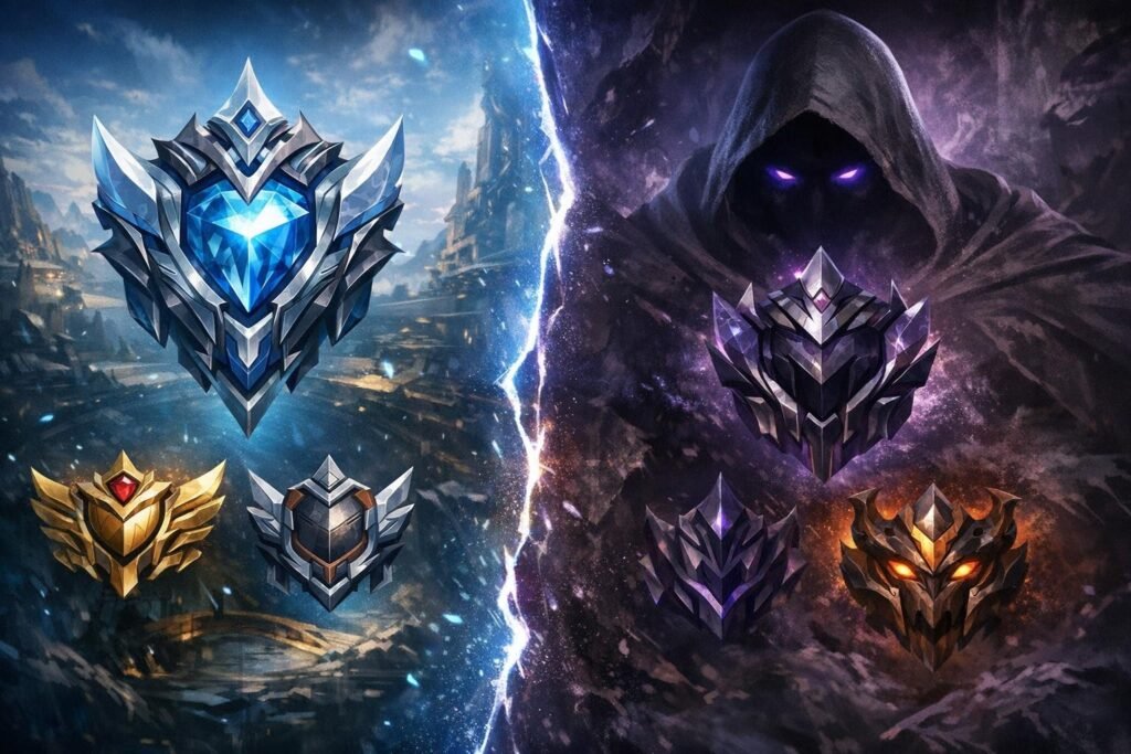 Ранговые эмблемы League of Legends на фоне разлома
