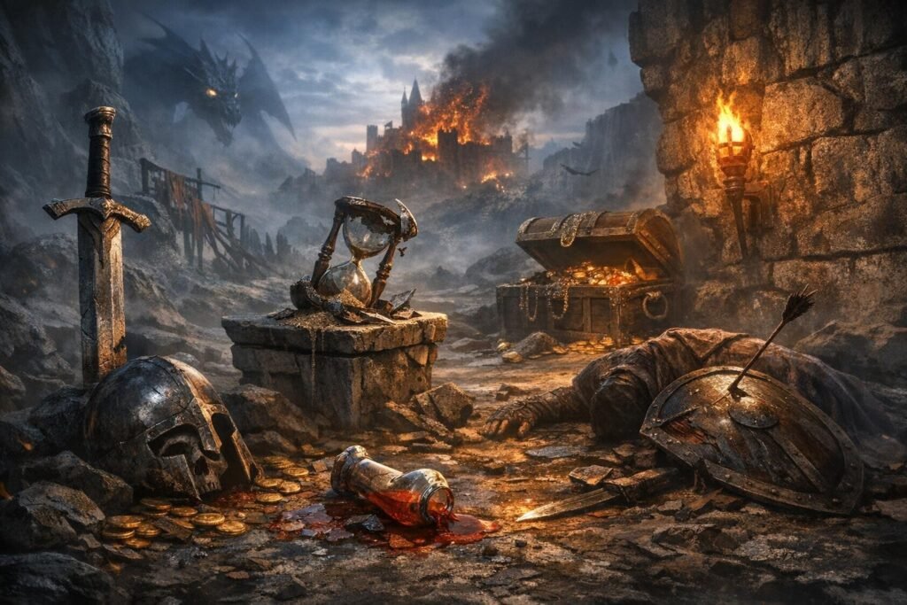 Разрушенное поле боя с сокровищами и горящим замком