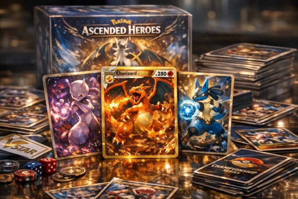 Карты Pokémon Charizard, Mewtwo и Lucario на столе