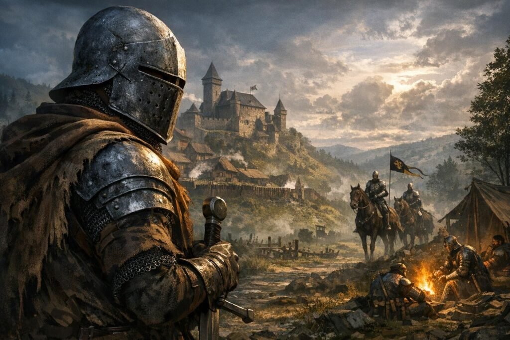 Рыцарь в доспехах держит меч у замка