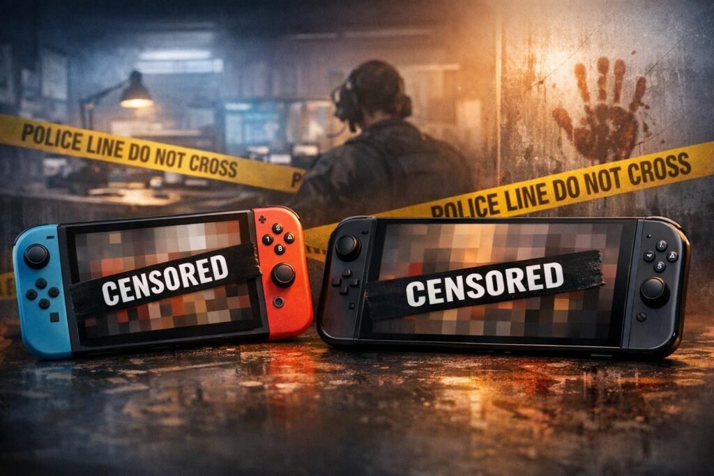 Две консоли Nintendo Switch с надписью CENSORED на столе