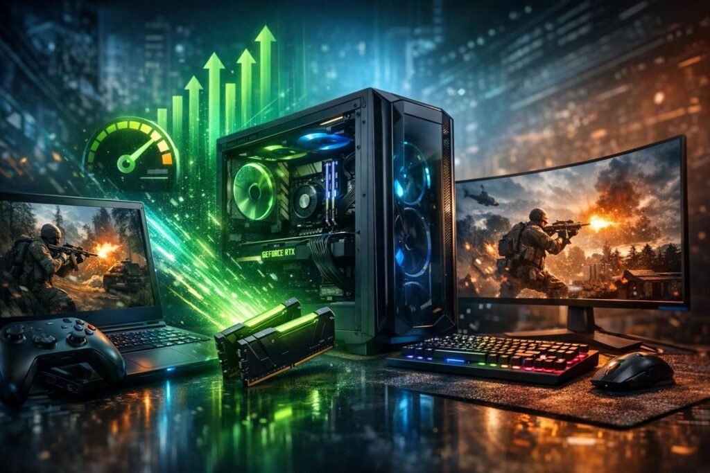 Игровой ПК с RGB подсветкой на столе