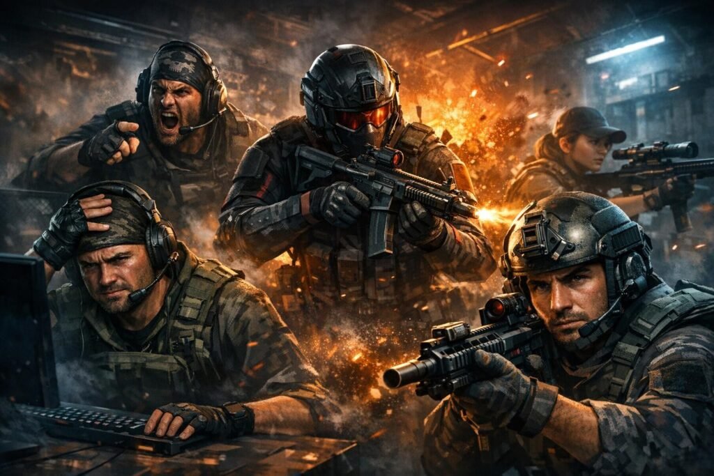 Отряд спецназа стреляет в помещении на фоне взрыва