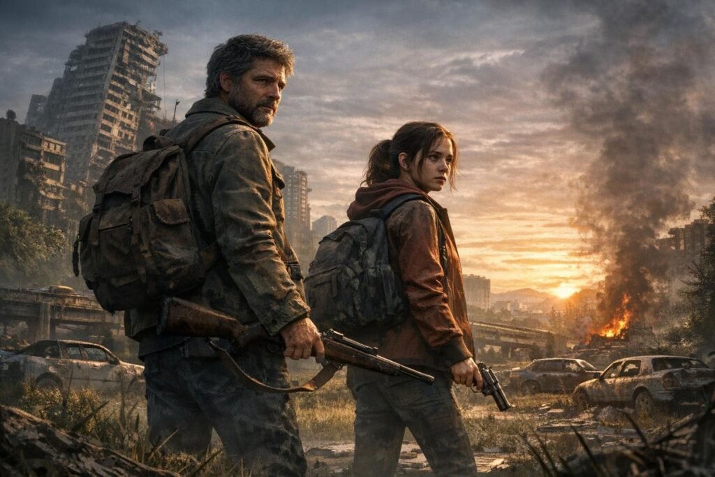Джоэл и Элли идут по разрушенному городу The Last of Us