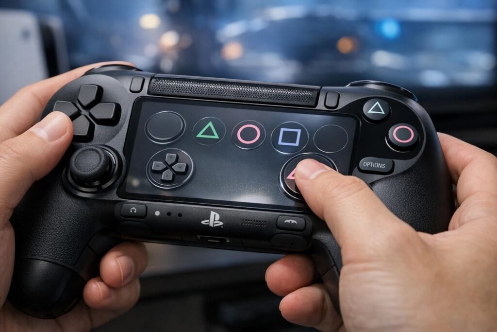 Руки держат геймпад PlayStation DualShock 4 перед экраном