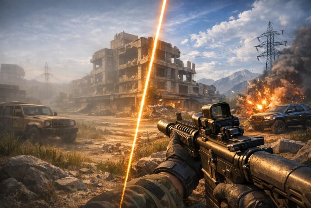 Вид от первого лица с винтовкой в руинах города