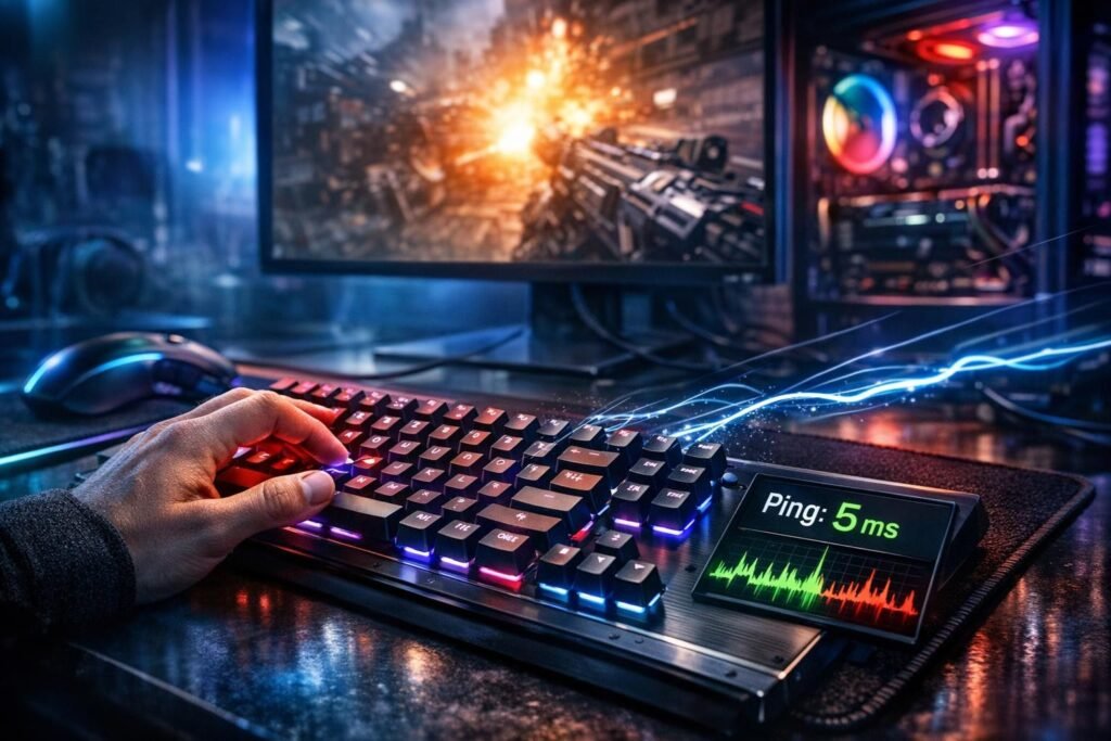 Рука нажимает RGB-клавиатуру у игрового ПК