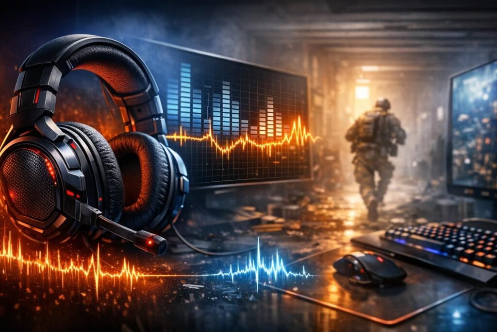 Игровая гарнитура стоит на столе у монитора