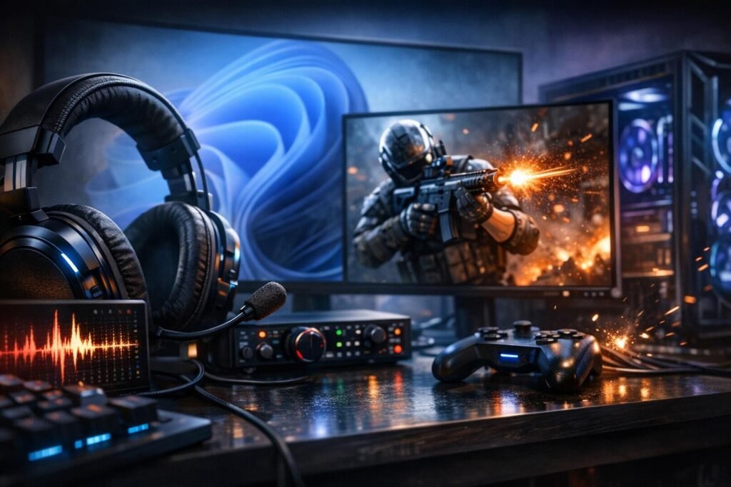 Наушники и геймпад на столе перед мониторами