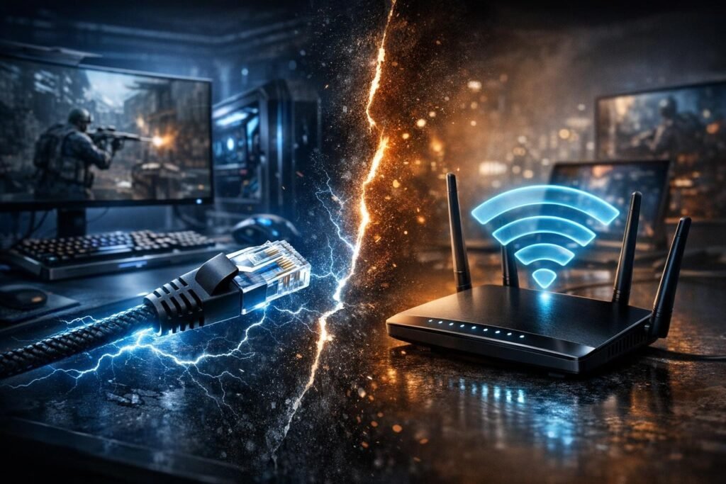 Ethernet-кабель и Wi‑Fi роутер на игровом столе