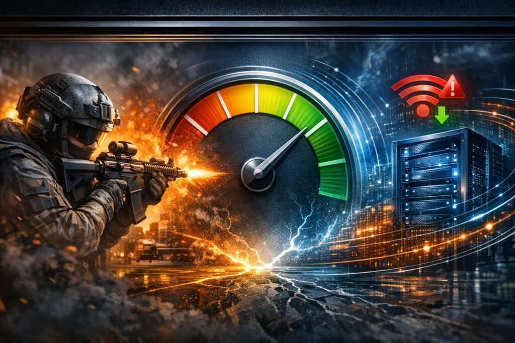 Солдат стреляет, спидометр скорости рядом с сервером