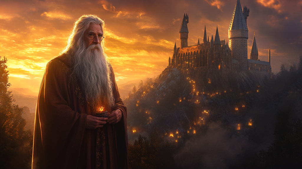 Альбус Дамблдор держит огонь на фоне Хогвартса
