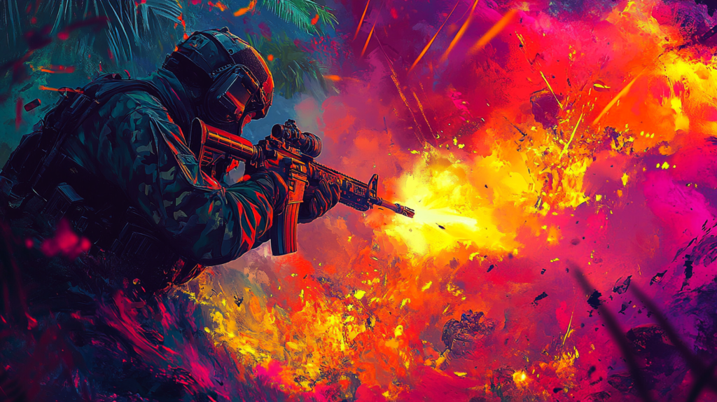 Солдат в камуфляже стреляет из винтовки на фоне взрыва