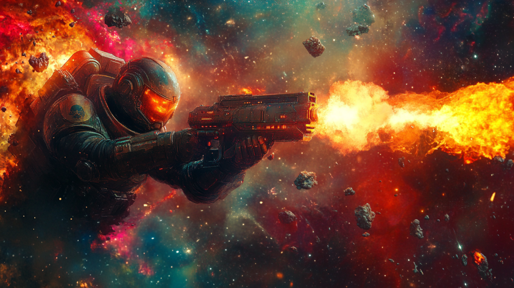 Космонавт стреляет из бластера в космосе