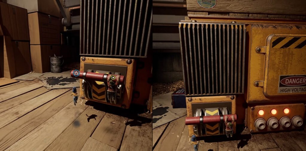 Мэй и Коди из It Takes Two тянут рычаг в мастерской