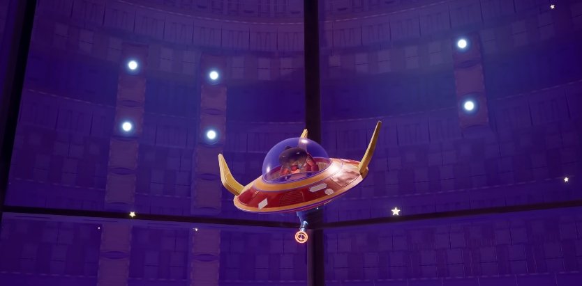 Летающая тарелка парит в фиолетовой комнате с огнями