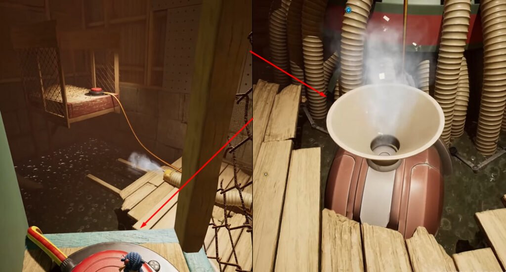 Механизм с белой воронкой дымит среди деревянных досок