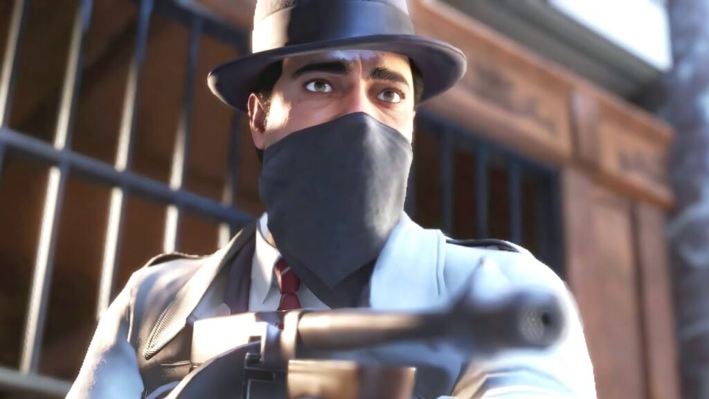 Шпион из Team Fortress 2 целится с пистолетом на улице