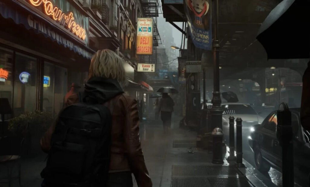 Женщина с рюкзаком идет по дождливой улице города